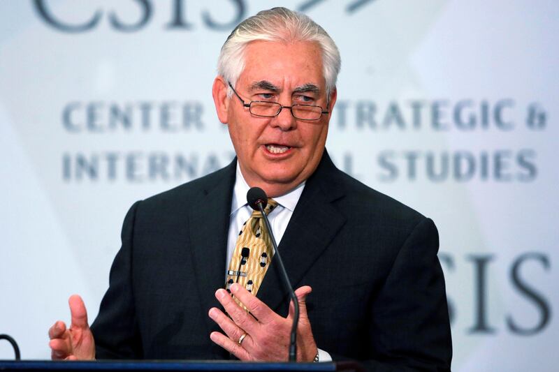 FILE - In this Oct. 18, 2017, file photo, Secretary of State Rex Tillerson speaks at the Center for Strategic and International Studies in Washington. U.S. officials are preparing a recommendation for Tillerson to declare that ethnic cleansing is occurring against Myanmar's Rohingya Muslims. (AP Photo/Jacquelyn Martin, File)