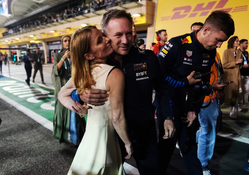 Red Bull team principal Christian Horner with his wife Geri  after Max Verstappen's victory. PA 