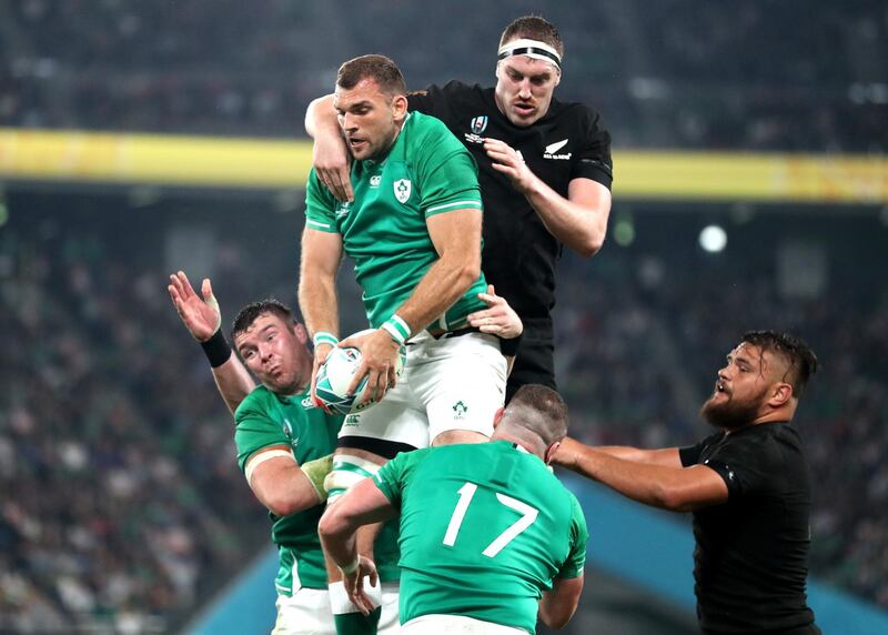 Rhys Ruddock of Ireland wins a line-out from Brodie Retallick of New Zealand during the Rugby World Cup 2019 Quarter Final match between New Zealand and Ireland at the Tokyo Stadium in Chofu, Tokyo, Japan. Getty Images
