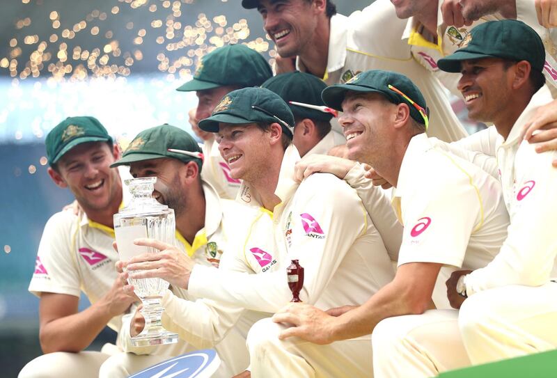 SYDNEY, AUSTRALIA - JANUARY 08:  Steve Smith of Australia lifts the Ashes Trophy during day five  of the Fifth Test match in the 2017/18 Ashes Series between Australia and England at Sydney Cricket Ground on January 8, 2018 in Sydney, Australia.  (Photo by Ryan Pierse/Getty Images)