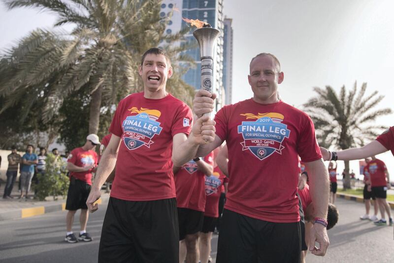 AJMAN, UNITED ARAB EMIRATES - March 7 2019.

Special Olympics Torch run in Ajman.

(Photo by Reem Mohammed/The National)

Reporter:  
Section:  NA