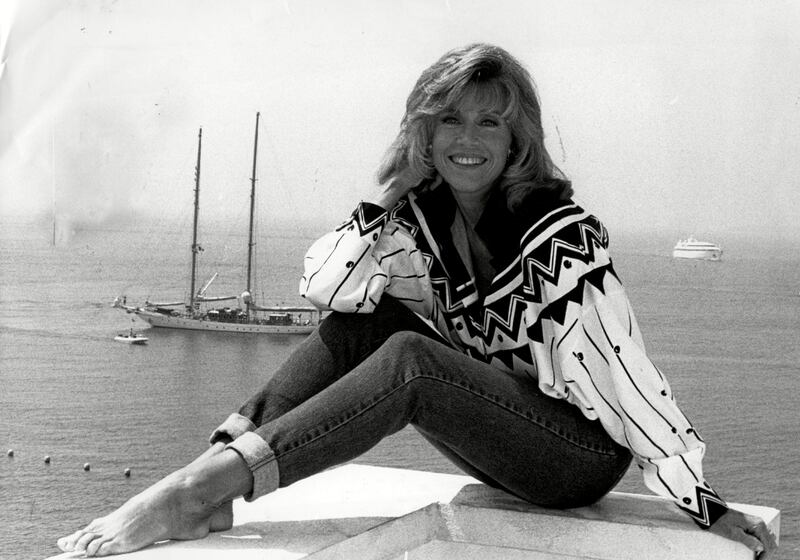 Jane Fonda, in a geometric-print shirt and jeans, in Cannes, France, on May 26, 1989