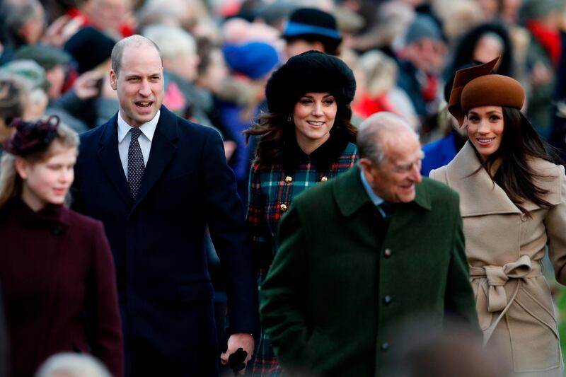 Britain's Prince William, Duke of Cambridge, Britain's Catherine, Duchess of Cambridge, Britain's Prince Philip, Duke of Edinburgh and actress Meghan Markle arrive to attend the Royal Family's traditional Christmas Day church service. Adrian Dennis / AFP