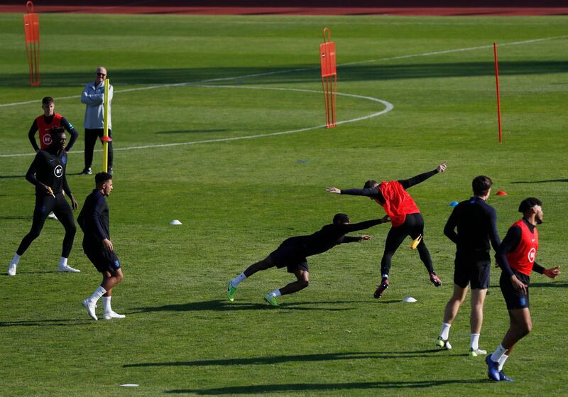 England's players training in Prague ahead of their Euro 2020 Group A qualifying match against Bulgaria in Sofia on Monday. AP