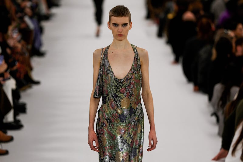 A floral chainmail dress at Givenchy for autumn/winter 2023. AFP