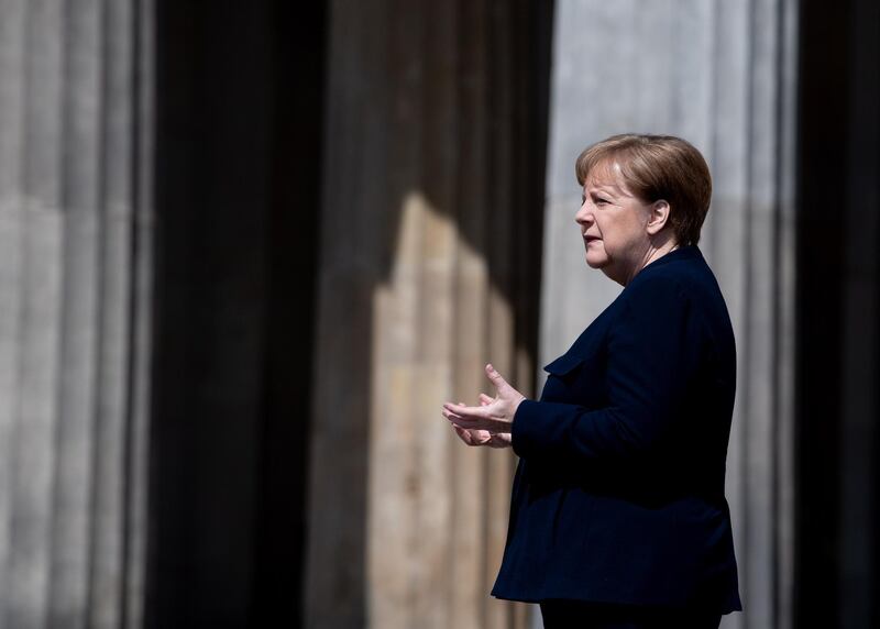 German Chancellor Angela Merkel attends a wreath laying ceremony in Berlin to mark the 75th anniversary of the end of World War Two. EPA