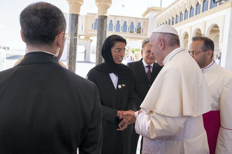 ABU DHABI, UNITED ARAB EMIRATES - February 05, 2019: Day three of the UAE Papal visit - HE Noura Mohamed Al Kaabi UAE Minister of Culture and Knowledge Development (L) bids farewell to His Holiness Pope Francis, Head of the Catholic Church (R), at the Presidential Airport. 


( Mohamed Al Hammadi / Ministry of Presidential Affairs )
---