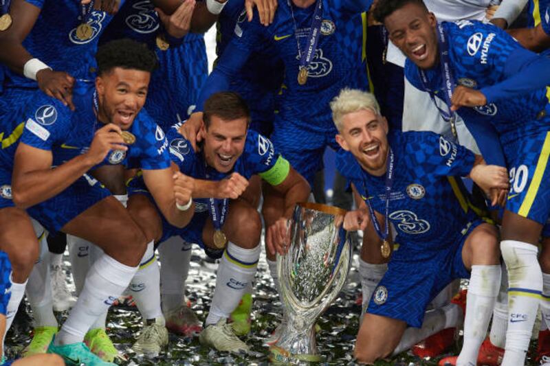 Reece James, Cesar Azpilicueta, Jorginho of Chelsea celebrate after winning the Uefa Super Cup Final.