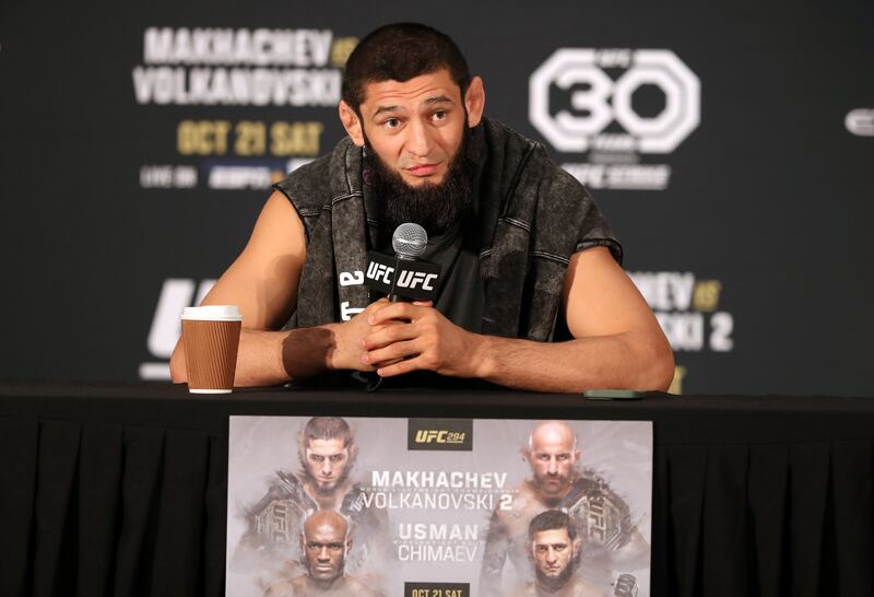 UFC middleweight Khamzat Chimaev speaks to the media before his fight against Kamaru Usman at UFC 294.