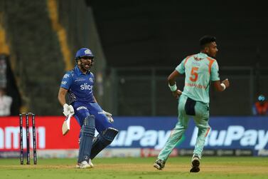 Rohit Sharma captain of Mumbai Indians calls off the run during match 37 of the TATA Indian Premier League 2022 (IPL season 15) between the Lucknow Super Giants and the Mumbai Indians held at the Wankhede stadium in Mumbai on the 24th April 2022

Photo by Ron Gaunt / Sportzpics for IPL