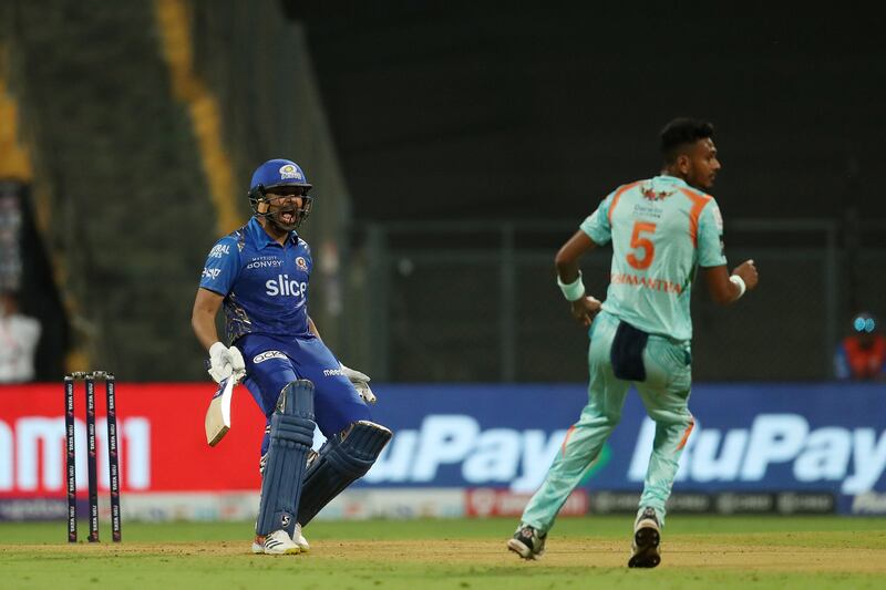 Rohit Sharma top-scored for Mumbai Indians with 39 against Lucknow Super Giants in another poor team batting display. Sportzpics for IPL