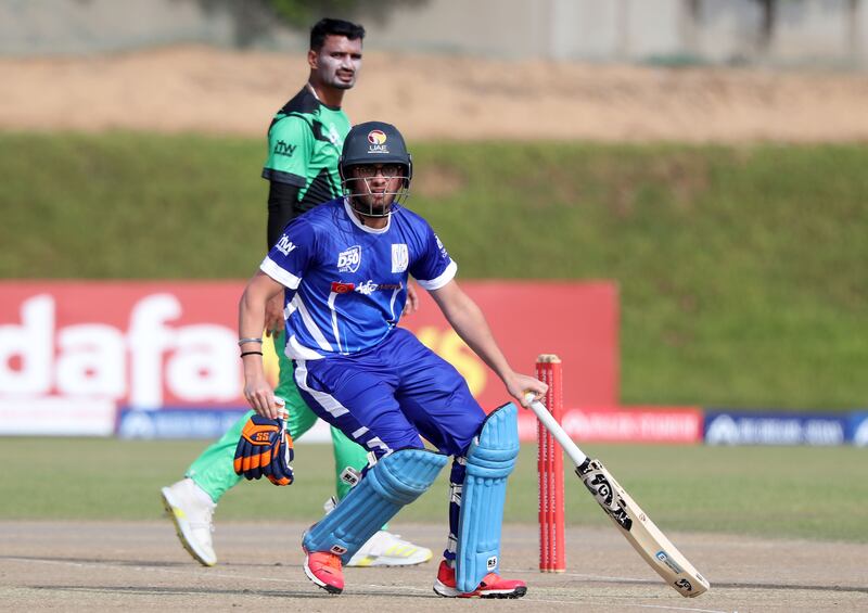 Ronak Panoly runs between the wickets as he bats for Dubai in the Emirates D50. 