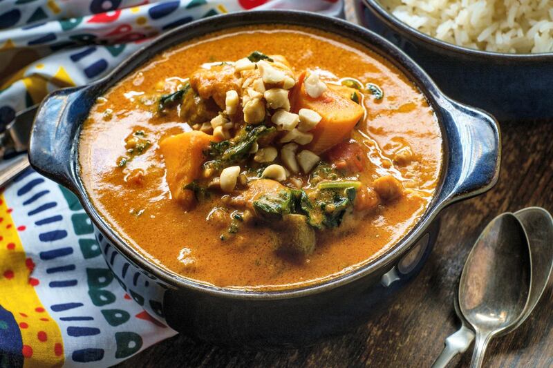 West African chickpea and peanut stew, Dh75, with sweet peppers and roasted pumpkin. Photo: Punjab Grill