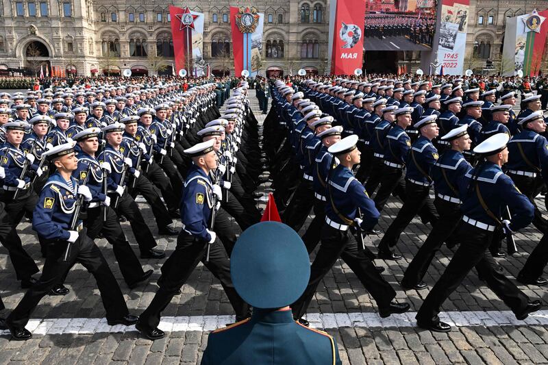 Sailors march in Red Square during a general rehearsal for Russia's Victory Day military parade in central Moscow. AFP