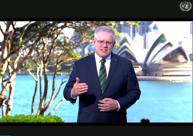 In this photo made from UNTV video, Scott Morrison, Prime Minister of Australia, speaks in a pre-recorded message which was played during the 75th session of the United Nations General Assembly, Wednesday, Sept. 23, 2020, at UN Headquarters. (UNTV Via AP )