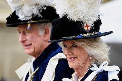 King Charles, who was then Prince of Wales, and Camilla, who is now queen consort, arrive for the Order of the Garter service at Windsor Castle on June 13, 2022. AP