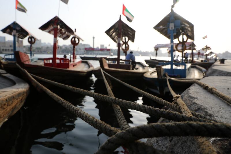 Dubai, United Arab Emirates - Reporter: N/A. Standalone. Abras sit tied to the dock in Dubai Creek, Deira. Tuesday, March 2nd, 2021. Dubai. Chris Whiteoak / The National