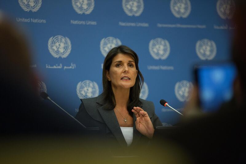 NEW YORK, NY - SEPTEMBER 04: U.S. Ambassador Nikki Haley speaks during a press conference at the United Nations headquarters on September 4, 2018 in New York City. Haley is serving as president of the United Nations Security Council for the month of September.   Kevin Hagen/Getty Images/AFP
== FOR NEWSPAPERS, INTERNET, TELCOS & TELEVISION USE ONLY ==
