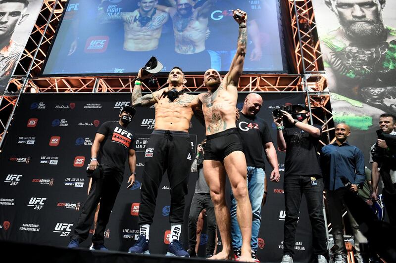 ABU DHABI, UNITED ARAB EMIRATES - JANUARY 22: (L-R) Opponents Dustin Poirier and Conor McGregor of Ireland pose for photos during the UFC 257 weigh-in at Etihad Arena on UFC Fight Island on January 22, 2021 in Abu Dhabi, United Arab Emirates. (Photo by Chris Unger/Zuffa LLC)