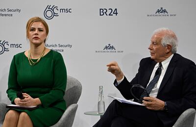 Latvia's Prime Minister Evika Silina and Josep Borrell take part in a panel discussion at the Munich Security Conference. AFP