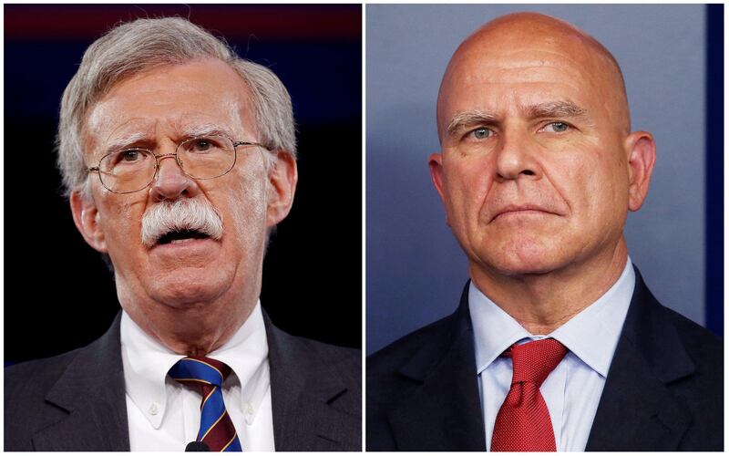 FILE PHOTO -- Former U.S. Ambassador to the United Nations John Bolton (L) speaks in Oxon Hill, Maryland, U.S. February 24, 2017, and White House National Security Advisor H.R. McMaster joins the daily briefing in Washington, U.S. July 31, 2017, in this combination photograph.  REUTERS/Joshua Roberts, Jonathan Ernst/File Photo