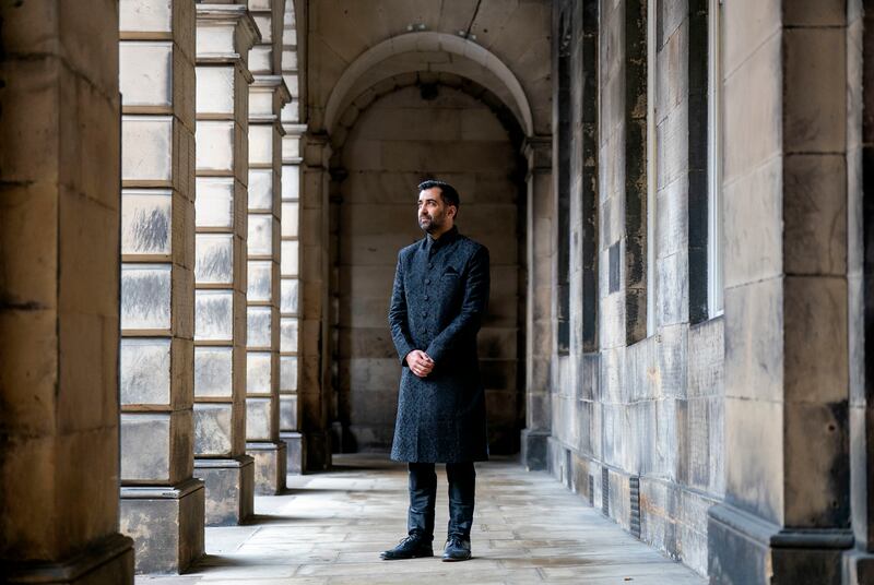 Humza Yousaf posed at the Court of Session on Wednesday, after being sworn in as First Minister of Scotland, in Edinburgh. AP