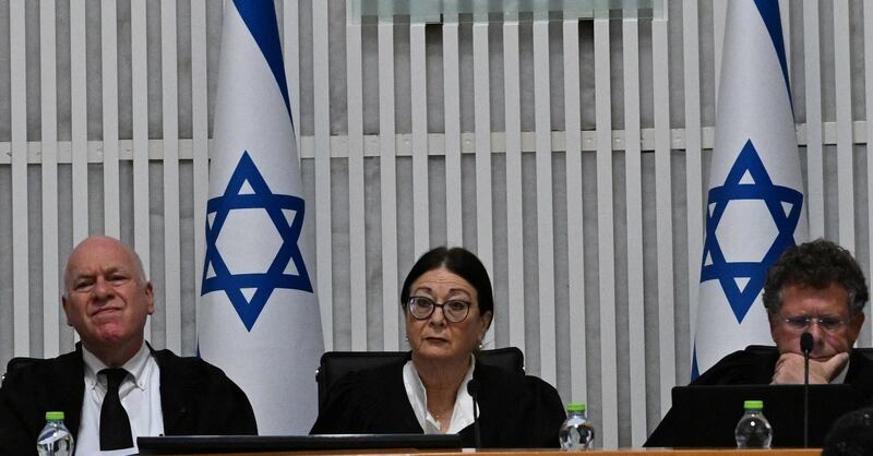 President of Israel's Supreme Court Esther Hayut, centre, presides over a meeting on the reasonableness standard law in the High Court in Jerusalem. Reuters