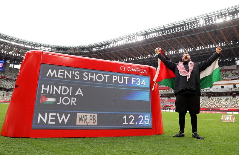 Ahmad Hindi of Team Jordan celebrates winning the gold medal and breaking the world record in the men's shot put F34 final at the Tokyo 2020 Paralympic Games. Getty