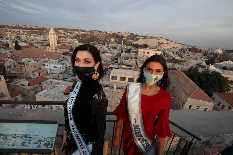 Miss Argentina Julieta Garcia, left, and Miss Costa Rica Valeria Rees pose. EPA