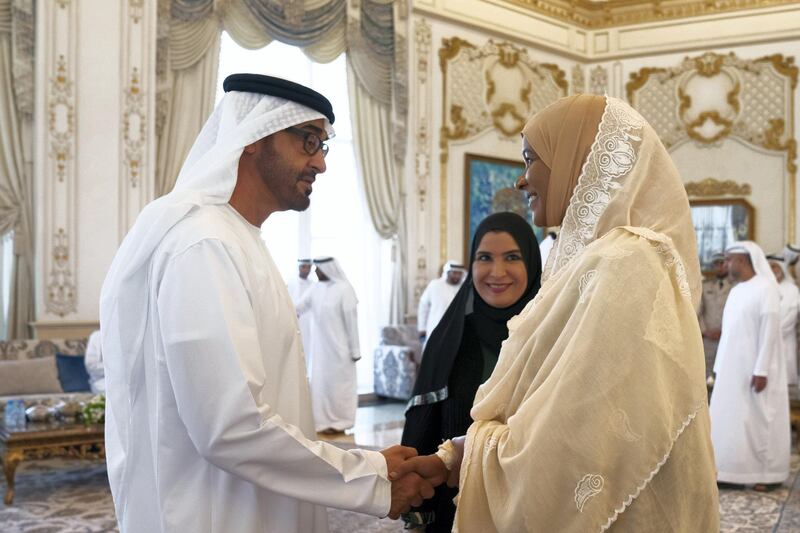 ABU DHABI, UNITED ARAB EMIRATES - June 17, 2019: HH Sheikh Mohamed bin Zayed Al Nahyan, Crown Prince of Abu Dhabi and Deputy Supreme Commander of the UAE Armed Forces (L), greets Keria Ibrahim, Speaker of the Ethiopian House of Federation (R), during a Sea Palace barza. Seen with HE Dr Amal Abdullah Al Qubaisi, Speaker of the Federal National Council (FNC) (C).

( Mohamed Al Hammadi / Ministry of Presidential Affairs )
---