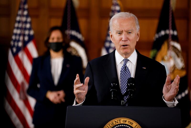 FILE PHOTO: U.S. President Joe Biden and Vice President Kamala Harris deliver remarks after meeting with Asian-American leaders to discuss "the ongoing attacks and threats against the community," during a stop at Emory University in Atlanta, Georgia, U.S., March 19, 2021. REUTERS/Carlos Barria/File Photo