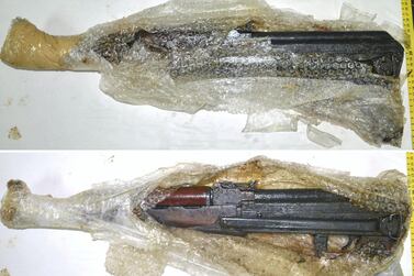 Sanitized Type 56-1 assault rifles from the 2015 Boat Case, documented in Bahrain.