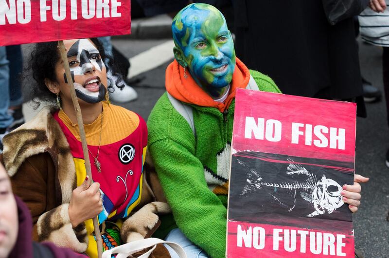 Extinction Rebellion protesters rally in Trafalgar Square in London, Britain,  October 7, 2019. EPA/VICKIE FLOR