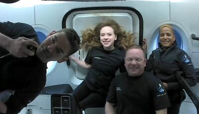 Inspiration4 crew Jared Isaacman, Sian Proctor, Hayley Arceneaux, and Chris Sembroski, seen on their first day in space. Photo: SpaceX