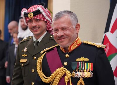 A handout picture released by the Jordanian Royal Palace on November 10, 2019, shows Jordan's King Abdullah II (L) and Crown Prince Hussein arriving to the parliament to open the fourth ordinary session in the capital Amman.  - RESTRICTED TO EDITORIAL USE - MANDATORY CREDIT "AFP PHOTO / JORDANIAN ROYAL PALACE / YOUSEF ALLAN" - NO MARKETING NO ADVERTISING CAMPAIGNS - DISTRIBUTED AS A SERVICE TO CLIENTS
 / AFP / Jordanian Royal Palace / Yousef ALLAN / RESTRICTED TO EDITORIAL USE - MANDATORY CREDIT "AFP PHOTO / JORDANIAN ROYAL PALACE / YOUSEF ALLAN" - NO MARKETING NO ADVERTISING CAMPAIGNS - DISTRIBUTED AS A SERVICE TO CLIENTS
