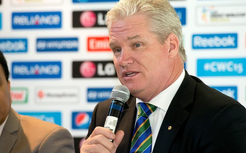 (FILES) In this file photo taken on February 14, 2014, former Australian cricketer Dean Jones speaks to media and guests during a press event celebrating one year to go till the start of the 2015 Cricket World Cup in New Zealand and Australia in Wellington at the Basin Reserve. Former Australia batsman and cricket commentator Dean Jones, who had been covering the ongoing Indian Premier League from Mumbai, has died of a heart attack, his employer Star India said on September 24. / AFP / Marty MELVILLE
