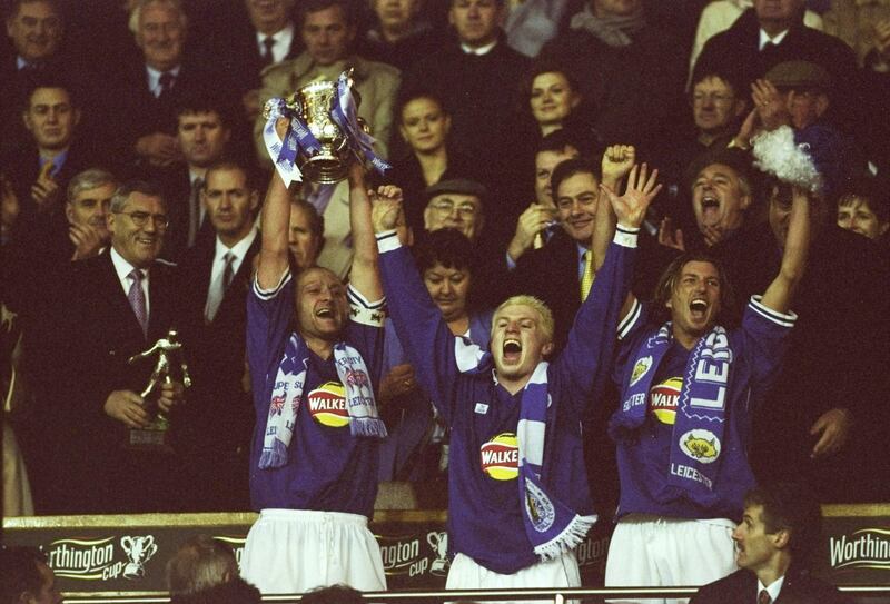 27 Feb 2000:  Matt Elliott captain of Leicester City lifts the cup after the Worthington Cup Final victory against Tranmere Rovers played at Wembley Stadium in London. The Match finished Leicester City 2 Tranmere Rovers 1. \ Mandatory Credit: Mike Hewitt/Allsport