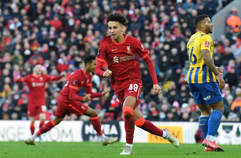 Liverpool's English striker Kaide Gordon celebrates after scoring the equalising goal during the English FA Cup third round football match between Liverpool and Shrewsbury Town at Anfield in Liverpool, north west England on January 9, 2022.  (Photo by Paul ELLIS / AFP) / RESTRICTED TO EDITORIAL USE.  No use with unauthorized audio, video, data, fixture lists, club/league logos or 'live' services.  Online in-match use limited to 120 images.  An additional 40 images may be used in extra time.  No video emulation.  Social media in-match use limited to 120 images.  An additional 40 images may be used in extra time.  No use in betting publications, games or single club/league/player publications.   /  