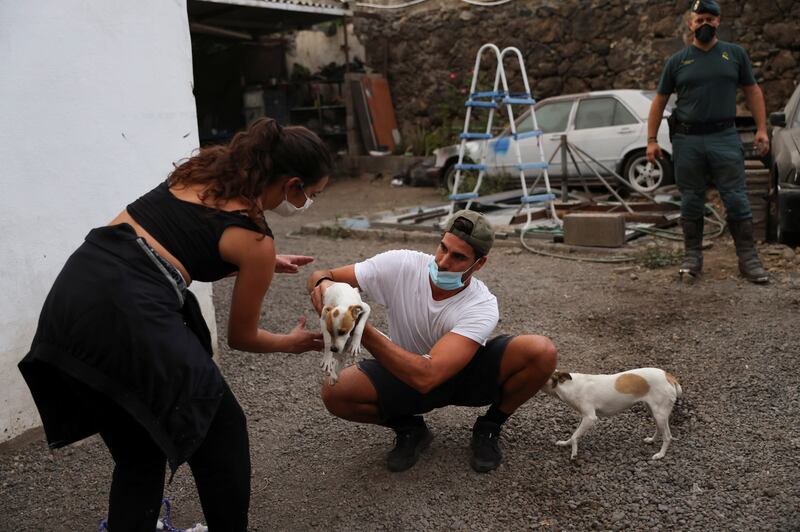 A man hands a dog to a woman as people are evacuated. Reuters