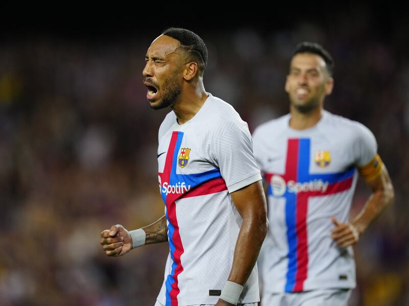  Pierre-Emerick Aubameyang celebrates after scoring for Barcelona in a friendly match against Manchester City at Camp Nou, on Wednesday, August 24, 2022. EPA 