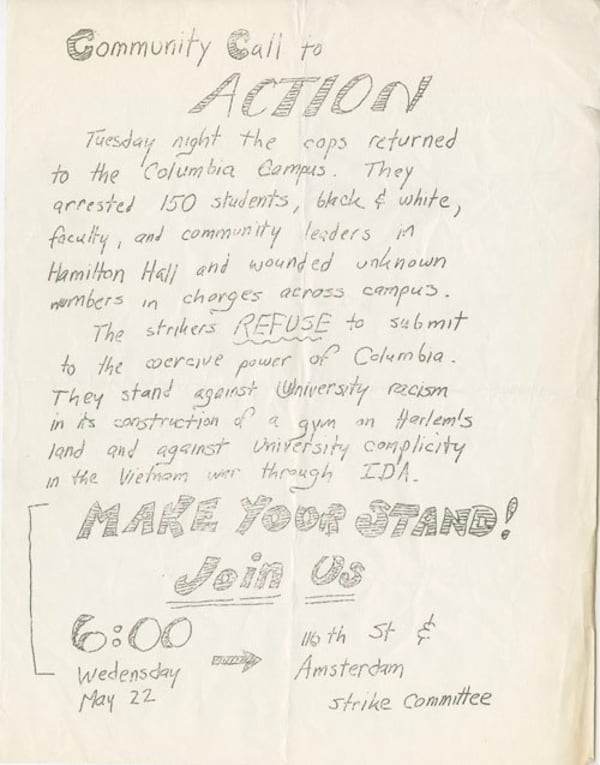 A flier from 1968 calling on Columbia University students to rally against police brutality, segregation and the Vietnam War. Photo: Twitter / @1968CU