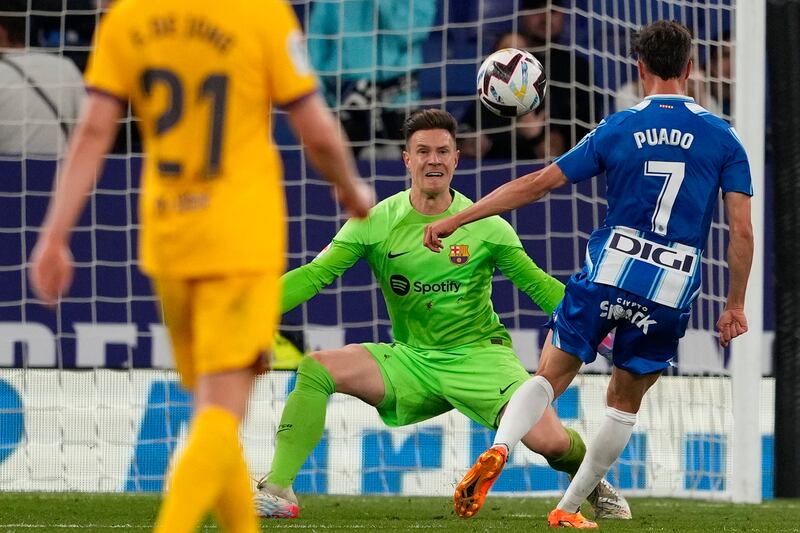 BARCELONA PLAYER RATINGS: Marc-Andre Ter Stegen – 7. Turned into a star fish to block a 45th minute shot from former teammate Braithwaite. Chipped by Puardo for the Espanyol goal and a 92nd minute second, meaning he’s conceded 13 goals in Barcelona’s 35 league games. Though not a clean sheet, he’ll win the Zamora award for being the best goalkeeper. The next best defence, Atletico Madrid, has conceded 27. EPA
