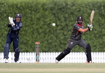 Dubai, United Arab Emirates - January 21st, 2018: UAE's Rameez Shahzad in action during the match between the UAE and Scotland. Sunday, January 21st, 2018 at ICC Academy, Dubai. Chris Whiteoak / The National