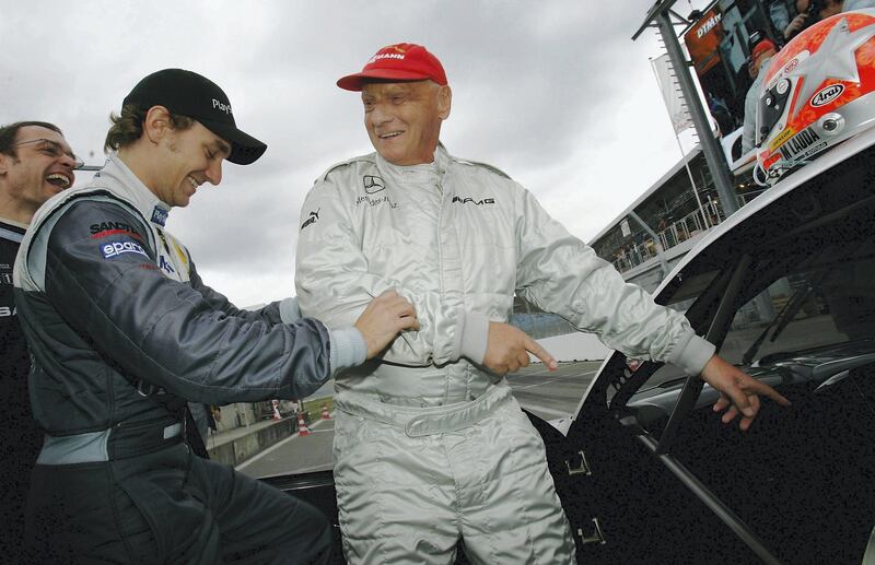 HOCKENHEIM, GERMANY - APRIL 09:  Mathias Lauda of Junge Gebrauchte AMG Merceds and father Niki Lauda do a test drive during the DTM 2006 German Touring Car Championship at the Hockenheim Circuit on April 9, 2006 in Hockenheim, Germany.  (Photo by Christof Koepsel/Bongarts/Getty Images)