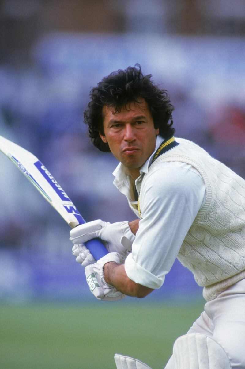 Pakistani cricketer and politician Imran Khan at the crease during a One Day International against England, circa 1985. (Photo by Bob Martin/Getty Images)