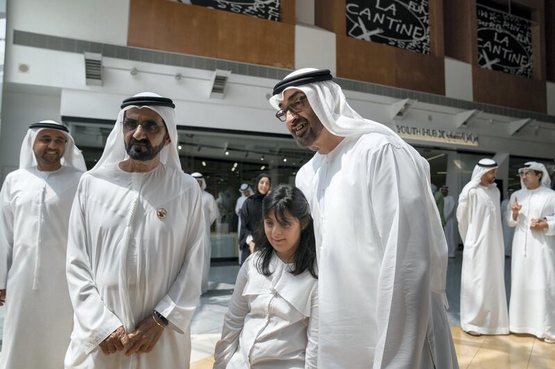 DUBAI, UNITED ARAB EMIRATES - September 17, 2017: HH Sheikh Mohamed bin Zayed Al Nahyan, Crown Prince of Abu Dhabi and Deputy Supreme Commander of the UAE Armed Forces (R) and HH Sheikh Mohamed bin Rashid Al Maktoum, Vice-President, Prime Minister of the UAE, Ruler of Dubai and Minister of Defence (L), visit Government Accelerators headquarters.

( Mohamed Al Hammadi / Crown Prince Court - Abu Dhabi )
---