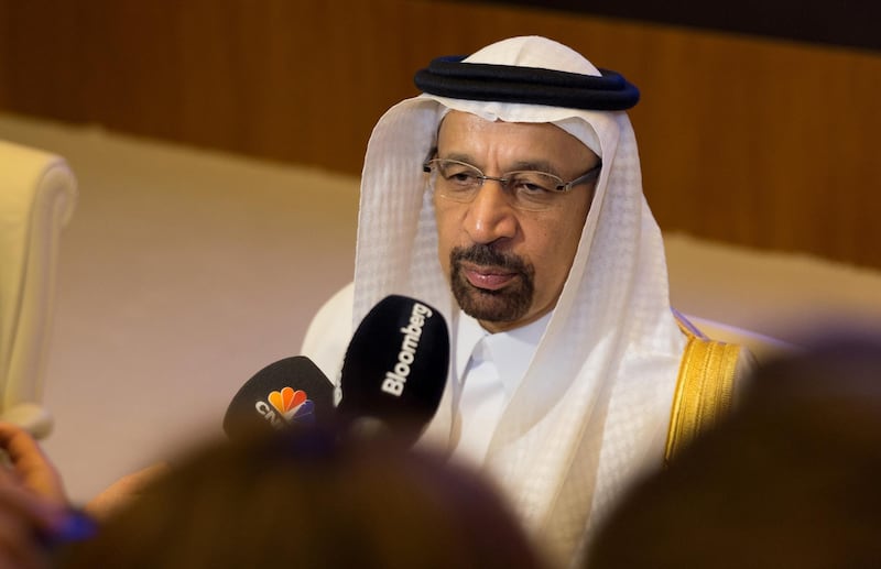 Khalid al-Falih, Saudi Arabia's energy minister, speaks to the media at the Joint Ministerial Monitoring Committee (JMMC) of OPEC in Jeddah, Saudi Arabia, on Friday, April 20, 2018. The oil stockpile surplus that’s weighed on prices for three years is all but gone, but instead of celebrating victory OPEC and Russia are finding reasons to continue production cuts. Photographer: Abdulrahman Abdullah/Bloomberg