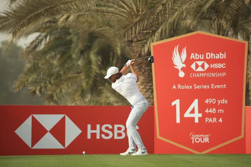 Tommy Fleetwood tees off on the 14th hole during Day Three of the Abu Dhabi HSBC Championship. Getty Images