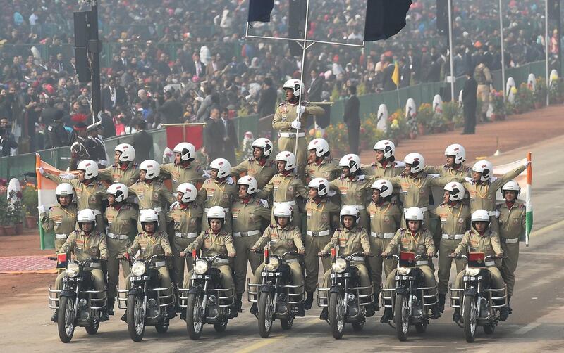 The BSF Seema Bhawani motorcycle team performs in New Delhi on January 26, 2018. Prakash Singh / AFP
