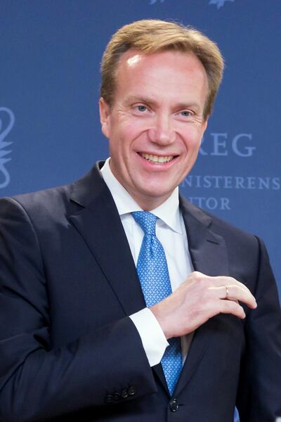 Norwegian Foreign Minister Borge Brende reacts during a press conference in Oslo, on September 15, 2017. - Norway's foreign minister Borge Brende on Friday, September 15, 2017, announced he has been appointed president of the World Economic Forum (WEF), a foundation that organises a high-level global economy event every year in Davos, Switzerland. (Photo by Cornelius POPPE / NTB Scanpix / AFP) / Norway OUT